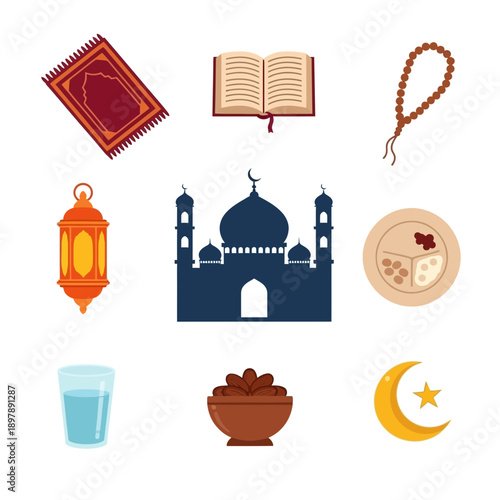 A vibrant collection of traditional Islamic and Ramadan symbols, featuring elements like a mosque, prayer items, and festive food, representing religious customs and cultural celebrations