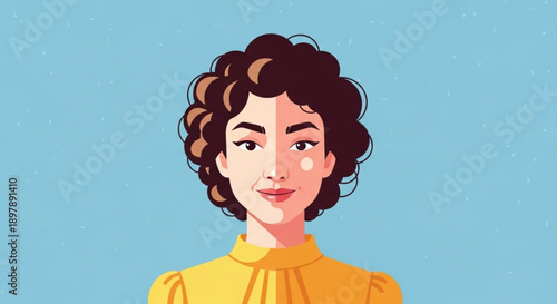 Young Woman with Curly Hair Wearing Yellow Shirt on Blue Background