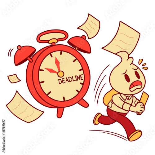 Panicked Cute Character Racing Against Deadline Clock with Flying Papers.