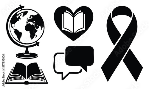 Set bundle world book day silhouette with globe heart and chat icons