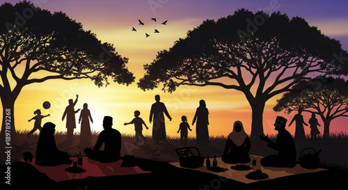 Family and friends having picnic at sunset in park with trees people playing and relaxing