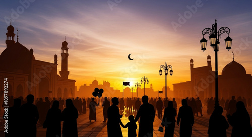 Silhouetted crowd gathers at sunset with mosque and crescent moon in the background ramadan celebration atmosphere