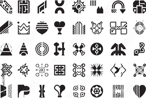 Abstract futuristic symbols and icons, science fiction and technology concept, modern geometric design