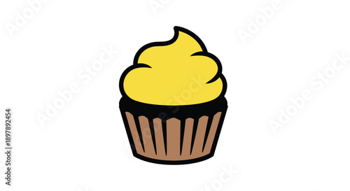 A simple cartoon illustration of a yellow frosted cupcake with a brown wrapper
