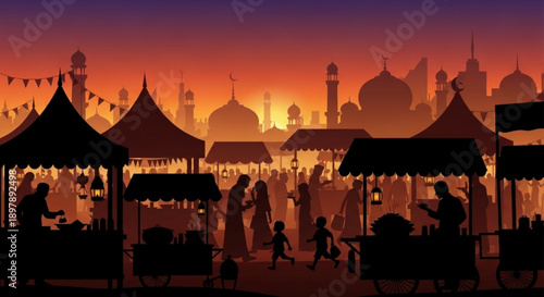 Vibrant market stalls and mosque silhouettes at sunset warm orange and purple hues festive atmosphere with people and tents evening bazaar scene