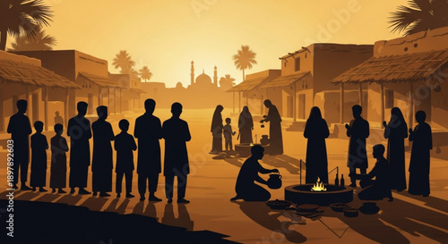 People gather in a desert village at sunset with a fire pit palm trees and buildings in the background