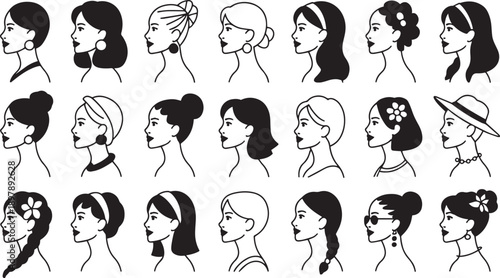 Variety of Female Hairstyles and Headwear Profiles in Different Styles Isolated