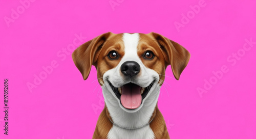 Smiling brown and white dog with pink background happy pet portrait with open mouth and tongue out