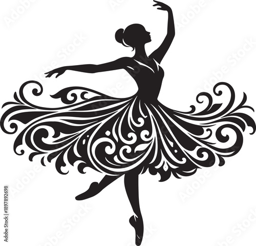 Ballerina silhouette in graceful pose, ornate flowing skirt, artistic dance illustration, black and white