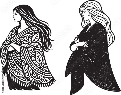Silhouettes of two women in traditional Indian attire, elegant poses, vector art, black and white