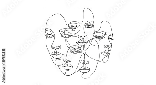 Interconnected faces in minimalist line art style expressing emotions and individuality on white background