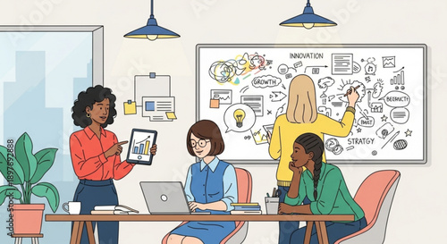 Diverse team collaborating in modern office with whiteboard brainstorming session in progress with laptops and digital devices