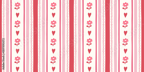 Seamless abstract hand-drawn pattern for Valentine's Day, decorative paper with flower, heart
