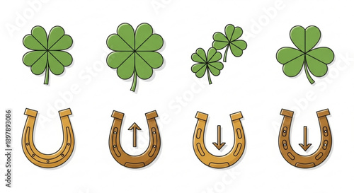 Four leaf clovers and horseshoes for luck and fortune concepts