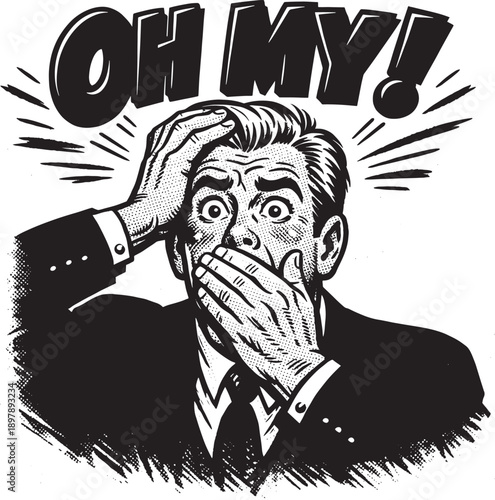 Retro comic book man with hands on head, shocked expression, exclamation and halftone dots, vintage stress