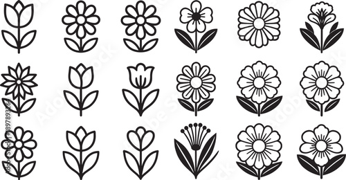 Collection of simple flower icons, stylized floral designs, botanical elements for spring and nature
