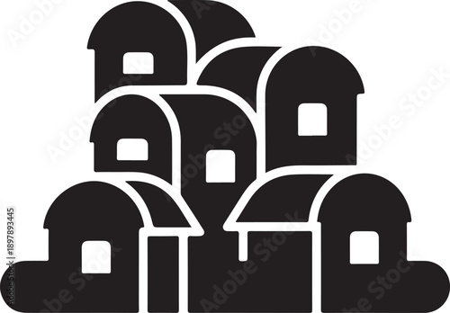 Stacked dwellings icon - dense housing settlement silhouette graphic isolated on white background, illustration