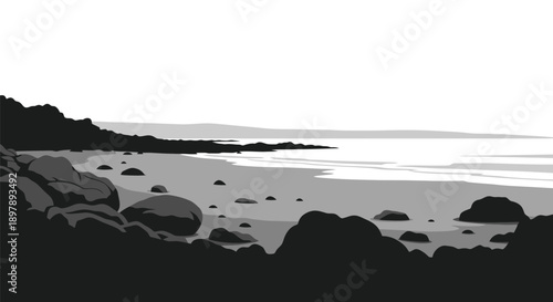 A stylized black and white landscape of a rocky shoreline and calm water