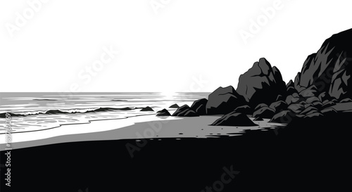 Dramatic black and white coastal scene with rocky cliffs and ocean waves