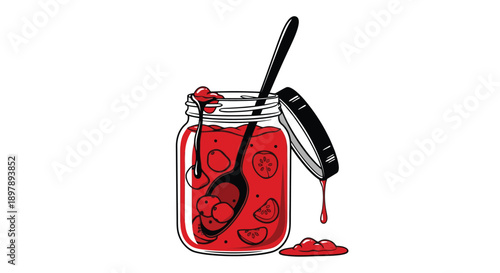 Stylized illustration of a mason jar filled with red fruit preserves and a spoon