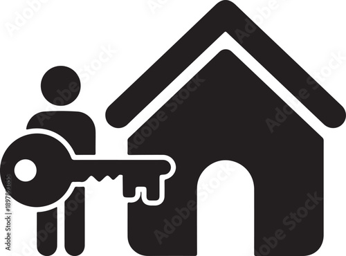 Person with key and house icon representing home ownership and real estate property transactions isolated on white background, illustration