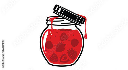 Stylized illustration of a red jar with dripping strawberry jam