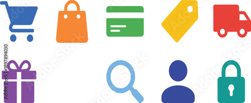 Flat colorful vector icons for e-commerce, retail shopping cart, credit card payment, gift delivery truck, sale tag, and secure login.