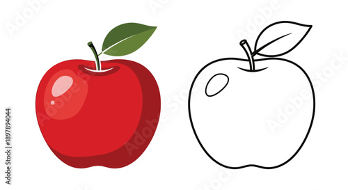 A vibrant red apple is shown alongside its simple line drawing