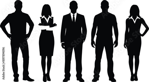 Business people silhouettes, professional men and women standing confidently, corporate leadership team concept, success, teamwork, isolated, white background