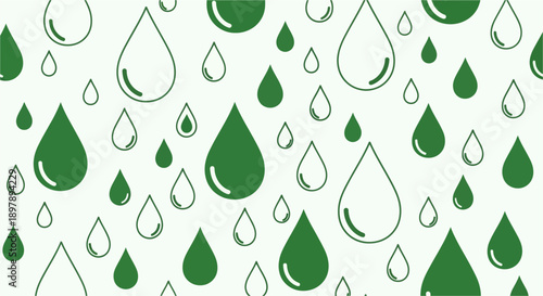 A refreshing pattern of green and white water droplets, some filled and some outlined, creating a natural background design.