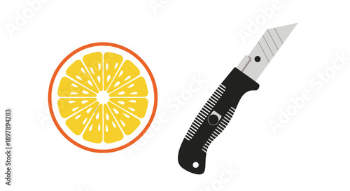 A sliced orange alongside a black utility knife on a white background