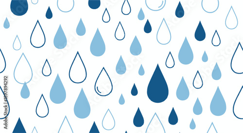 A seamless pattern of various blue raindrops and outlines on a white background, depicting a rainy or watery theme.