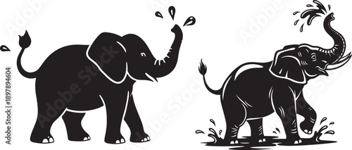 Playful elephants spraying water, happy animals in a natural setting, summer fun and joy, black and white