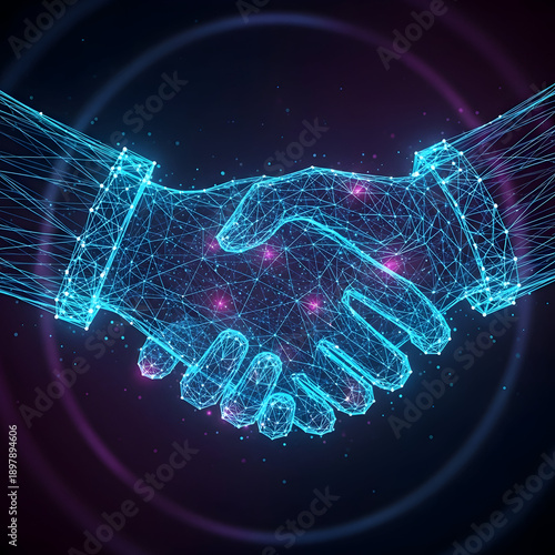 A futuristic handshake made of neon blue lines and pink dots on a dark background with a circular design