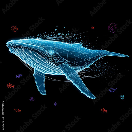 A blue whale with a network effect surrounded by small fish on a black background
