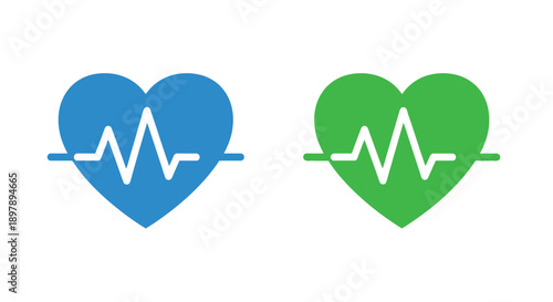 Two heart icons with electrocardiogram lines blue and green colors