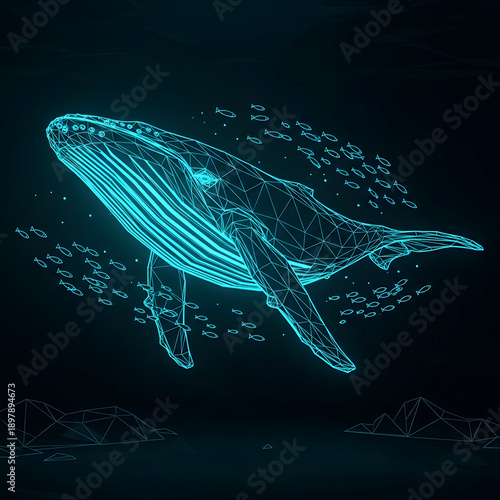 Glowing blue whale made of digital lines and dots on dark background