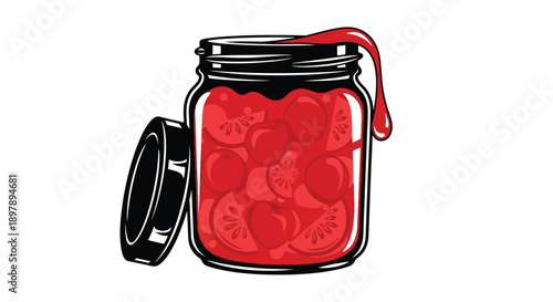 Open mason jar filled with sliced red tomatoes and dripping juice