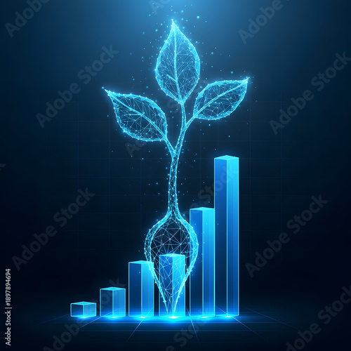 Glowing blue plant growing with bar graph on dark background representing business growth and success