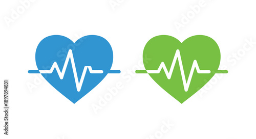 Two heart icons with electrocardiogram lines one blue and one green