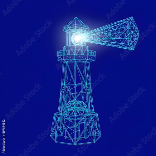 A blue wireframe 3d illustration of a lighthouse with a glowing light beam