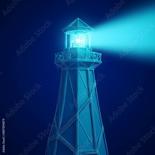 A blue illuminated lighthouse standing tall with a powerful beam shining through the darkness at night