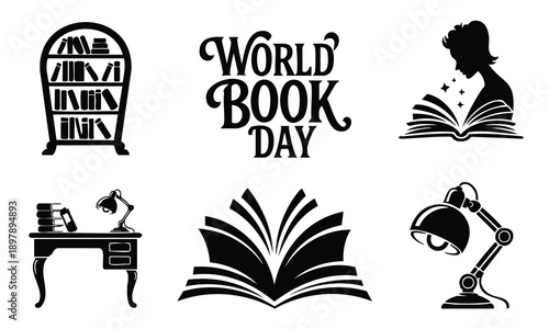 World book day silhouette set bundle with bookshelves and open books