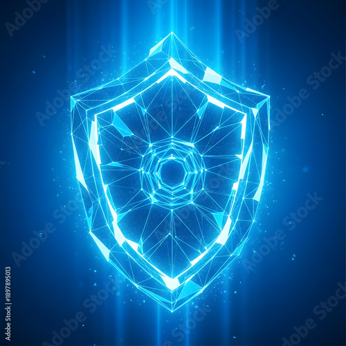 Glowing blue shield with neon lines on dark background with light beams
