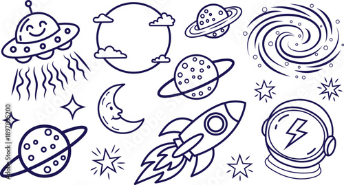 Illustration of hand drawn space elements set ufo, planets, moon, rocket, galaxy, and astronaut helmet doodle style