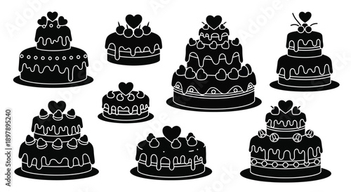 Black silhouette illustrations of various tiered wedding and celebration cakes
