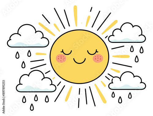 Cute hand drawn illustration of a smiling sun and rain clouds depicting changing weather for children's designs