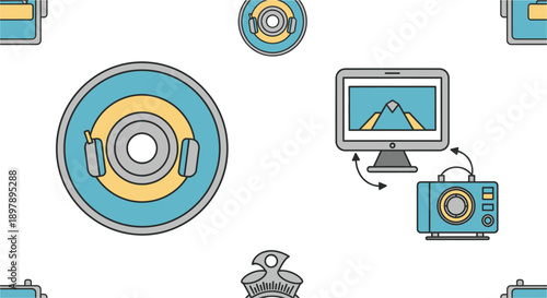 Seamless pattern of various technology and media icons including headphones, disc, computer monitor, and projector.