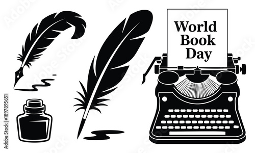 World book day silhouette with typewriter and quill pens