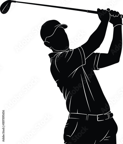Black Silhouette Vector of Professional Male Golfer Swinging Club in Follow Through Motion for Sports Leisure Tournament Competition Coaching and Golf Club Lifestyle Graphics (24 words)